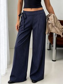 Avenya Striped Low Waist Wide Waistband Side Tie Wide Leg Long Pants - Navy Blue - View 3