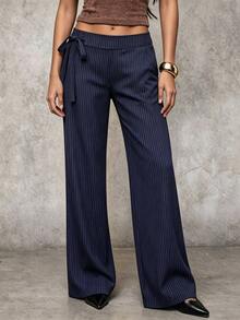 Avenya Striped Low Waist Wide Waistband Side Tie Wide Leg Long Pants - Navy Blue - View 2