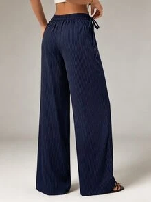 Avenya Striped Low Waist Wide Waistband Side Tie Wide Leg Long Pants - Navy Blue - View 6