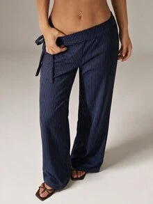 Avenya Striped Low Waist Wide Waistband Side Tie Wide Leg Long Pants - Navy Blue - View 4