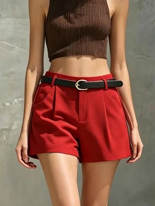 Trelyra Women's Solid Color Pleated Pocket Design Casual Shorts - Red - View 3