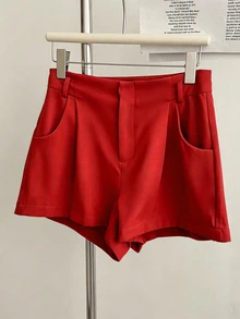 Trelyra Women's Solid Color Pleated Pocket Design Casual Shorts - Red - View 5