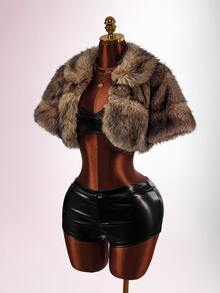 Amplova Fashionable Vintage Sexy Cropped Faux Fur Jacket Club Night Out Shades Of Brown Winter - Brown - View 2