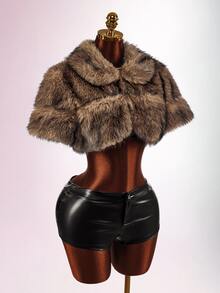 Amplova Fashionable Vintage Sexy Cropped Faux Fur Jacket Club Night Out Shades Of Brown Winter - Brown - View 9