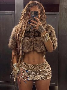 Amplova Fashionable Vintage Sexy Cropped Faux Fur Jacket Club Night Out Shades Of Brown Winter - Brown - View 1