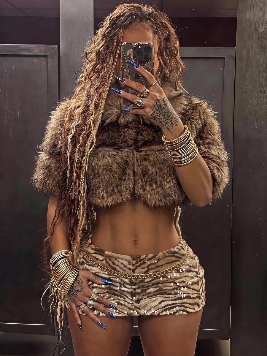 Amplova Fashionable Vintage Sexy Cropped Faux Fur Jacket Club Night Out Shades Of Brown Winter - Brown - View 1