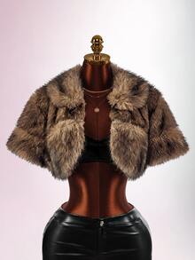 Amplova Fashionable Vintage Sexy Cropped Faux Fur Jacket Club Night Out Shades Of Brown Winter - Brown - View 4