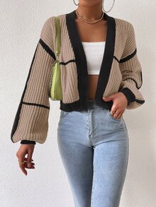 SHEIN PariChic Cárdigan de plumero ribete en contraste de manga farol - Multicolor - Ver 4