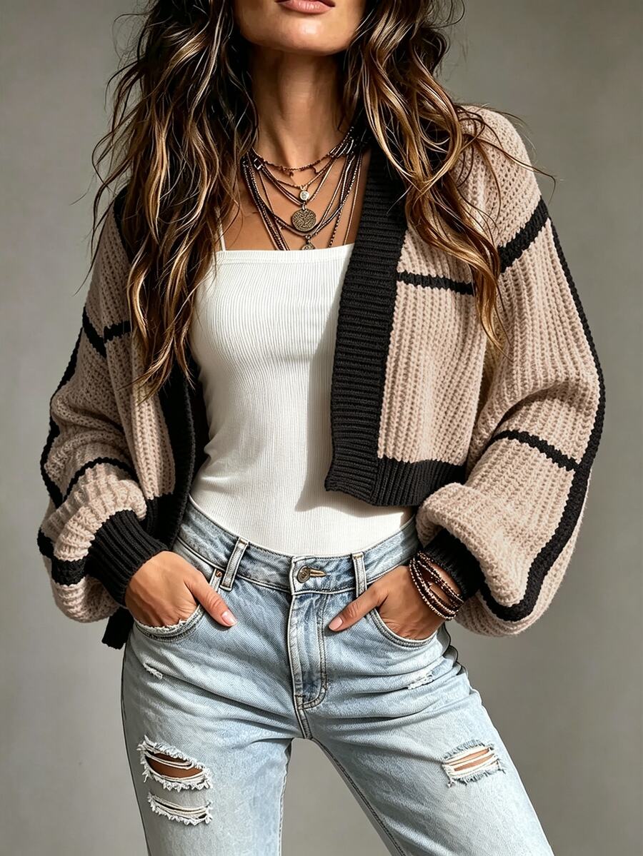 SHEIN PariChic Cárdigan de plumero ribete en contraste de manga farol - Multicolor - Ver 1