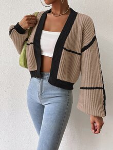 SHEIN PariChic Cárdigan de plumero ribete en contraste de manga farol - Multicolor - Ver 6
