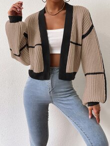 SHEIN PariChic Cárdigan de plumero ribete en contraste de manga farol - Multicolor - Ver 5