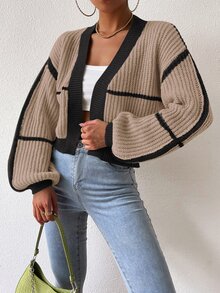 SHEIN PariChic Cárdigan de plumero ribete en contraste de manga farol - Multicolor - Ver 7