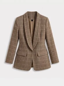 SHEIN Women's Fall Brown Camel Collarless Plaid Blazer Jacket, Tweed Long-Sleeve Mid-Length Open-Front Suit,Occasion Wear For Business Commute Teachers' Day - Brown - View 9