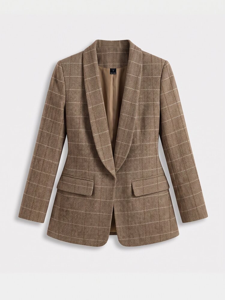 SHEIN Women's Fall Brown Camel Collarless Plaid Blazer Jacket, Tweed Long-Sleeve Mid-Length Open-Front Suit,Occasion Wear For Business Commute Teachers' Day - Brown - View 9