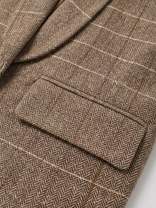 SHEIN Women's Fall Brown Camel Collarless Plaid Blazer Jacket, Tweed Long-Sleeve Mid-Length Open-Front Suit,Occasion Wear For Business Commute Teachers' Day - Brown - View 5