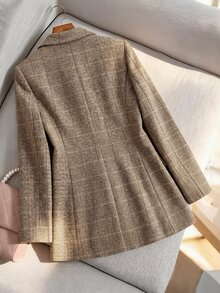 SHEIN Women's Fall Brown Camel Collarless Plaid Blazer Jacket, Tweed Long-Sleeve Mid-Length Open-Front Suit,Occasion Wear For Business Commute Teachers' Day - Brown - View 2