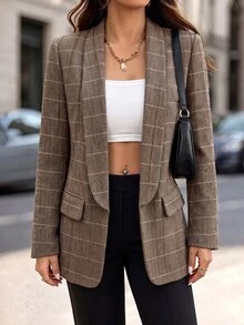 SHEIN Women's Fall Brown Camel Collarless Plaid Blazer Jacket, Tweed Long-Sleeve Mid-Length Open-Front Suit,Occasion Wear For Business Commute Teachers' Day - Brown - View 10
