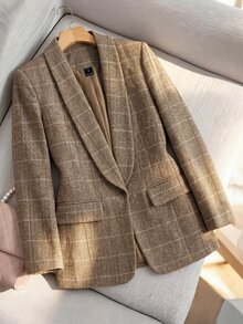 SHEIN Women's Fall Brown Camel Collarless Plaid Blazer Jacket, Tweed Long-Sleeve Mid-Length Open-Front Suit,Occasion Wear For Business Commute Teachers' Day - Brown - View 8