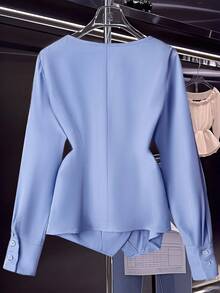 Franclia Women's Elegant Business Casual Surplice Neck Ruched Waist Blouse, Minimalist Solid Color, Suitable For Spring Autumn Teachers' Day Office Light Blue - Blue - View 2