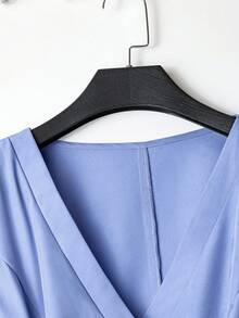 Franclia Women's Elegant Business Casual Surplice Neck Ruched Waist Blouse, Minimalist Solid Color, Suitable For Spring Autumn Teachers' Day Office Light Blue - Blue - View 4