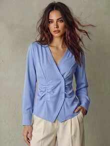 Franclia Women's Elegant Business Casual Surplice Neck Ruched Waist Blouse, Minimalist Solid Color, Suitable For Spring Autumn Teachers' Day Office Light Blue - Blue - View 3