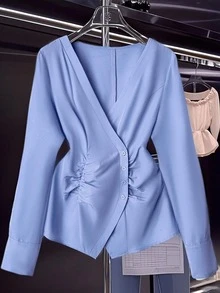 Franclia Women's Elegant Business Casual Surplice Neck Ruched Waist Blouse, Minimalist Solid Color, Suitable For Spring Autumn Teachers' Day Office Light Blue - Blue - View 5