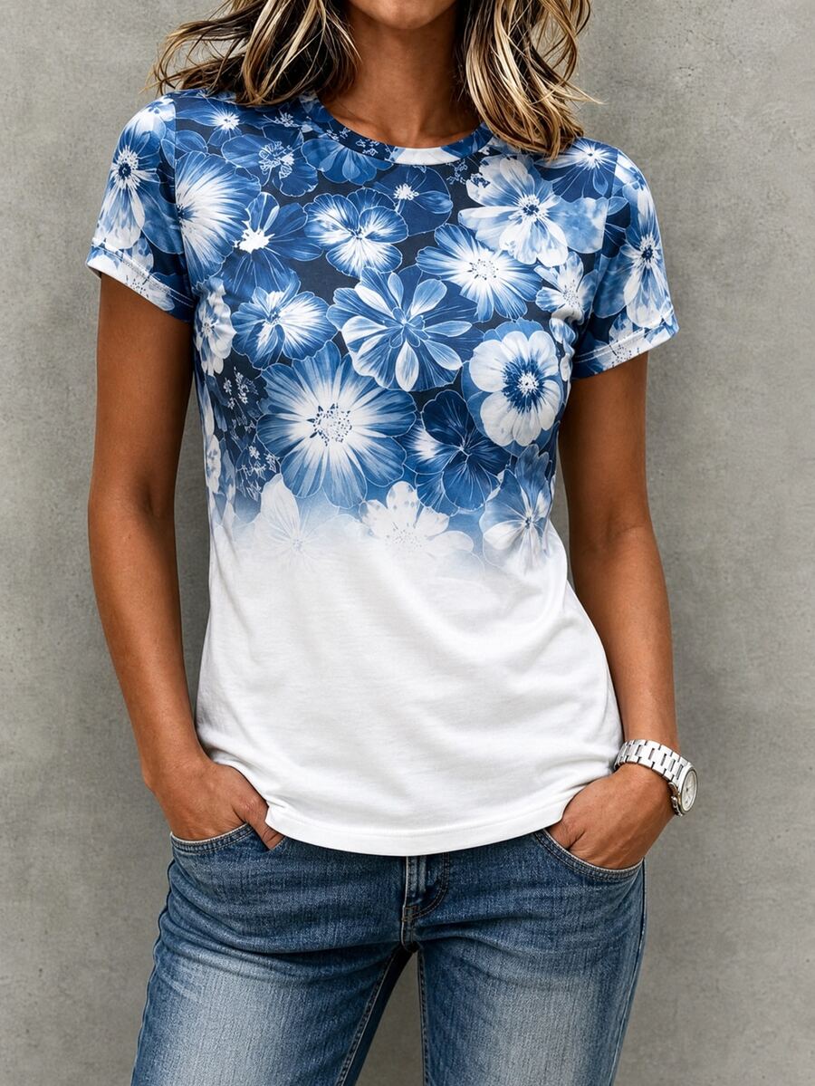 SHEIN Blue And White Gradient Floral Print Round Neck Short Sleeve T-Shirt, Summer Slim Fit Flattering Versatile Top Formal Going Out Casual Granny - Blue - View 1