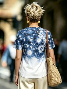 SHEIN Blue And White Gradient Floral Print Round Neck Short Sleeve T-Shirt, Summer Slim Fit Flattering Versatile Top Formal Going Out Casual Granny - Blue - View 2