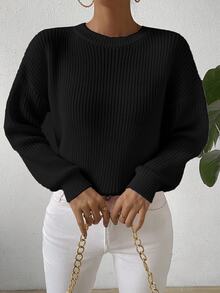 SHEIN LUNE Women Casual Minimalist Loose Fit Black Winter Basic Everyday Pullover Sweater, Solid Color Round Neck Drop Shoulder Long Sleeve Puff Top - Black - View 8