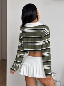 Coolane Camisa polo corta de manga larga a rayas verde y blanca, estilo preppy vintage casual básico para uso diario, streetwear de otoño para mujeres, para la escuela y el baile de bienvenida - Multicolor - Ver 6