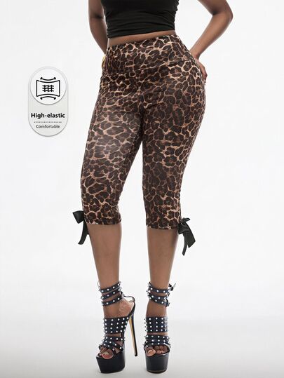 Vadaroq Women's Fall/Winter Vintage Streetwear Going Out Casual High-Elastic Leopard Print Bow Capri Pants