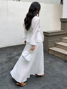Solavon 女款素色長袖單排扣襯衫與裙子休閒兩件套 - 白色 - 查看 8