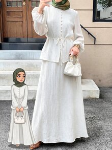 Solavon 女款素色長袖單排扣襯衫與裙子休閒兩件套 - 白色 - 查看 7