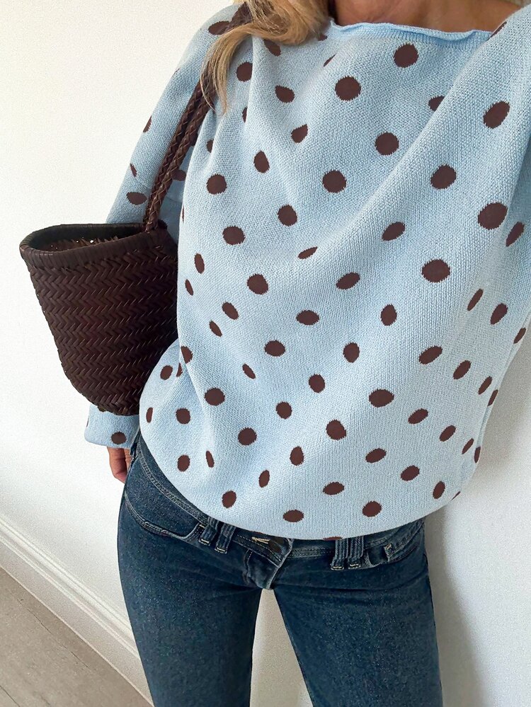 Siren Gaze Women's Fall Winter Light Blue Brown Polka Dot Off Shoulder Long Sleeve Knit Sweater - Elegant Chic Casual Party Night Out Birthday Festival Top - Blue - View 5