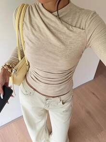 Siren Gaze Women's Solid Color Pleated Long Sleeve Slim Fit Casual T-Shirt - Apricot - View 1