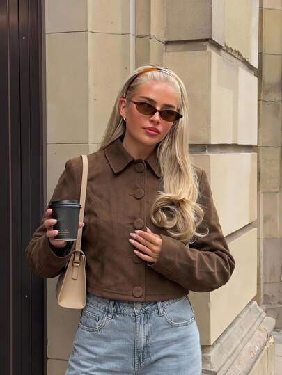 Siren Gaze Women's Autumn Dark Brown Faux Suede Short Jacket - Elegant Vintage Classic Chic Collared Long Sleeve Cropped Coat Casual Streetwear Office Breakfast