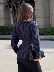 Siren Gaze Women's Navy Blue Striped Wrap Shirt Top Elegant Casual Business Buckle Side Tie Long Sleeve Collared Blouse Teachers' Day Office Work Autumn - Navy Blue - View 3