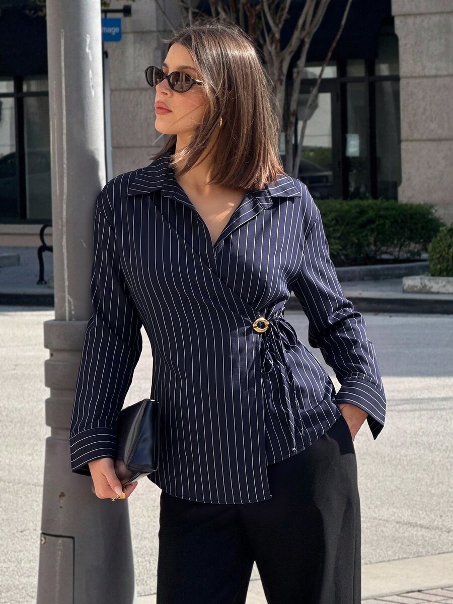 Siren Gaze Women's Navy Blue Striped Wrap Shirt Top Elegant Casual Business Buckle Side Tie Long Sleeve Collared Blouse Teachers' Day Office Work Autumn - Navy Blue - View 1