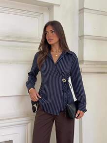 Siren Gaze Women's Navy Blue Striped Wrap Shirt Top Elegant Casual Business Buckle Side Tie Long Sleeve Collared Blouse Teachers' Day Office Work Autumn - Navy Blue - View 2