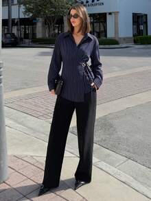 Siren Gaze Women's Navy Blue Striped Wrap Shirt Top Elegant Casual Business Buckle Side Tie Long Sleeve Collared Blouse Teachers' Day Office Work Autumn - Navy Blue - View 6