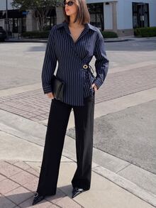 Siren Gaze Women's Navy Blue Striped Wrap Shirt Top Elegant Casual Business Buckle Side Tie Long Sleeve Collared Blouse Teachers' Day Office Work Autumn - Navy Blue - View 4
