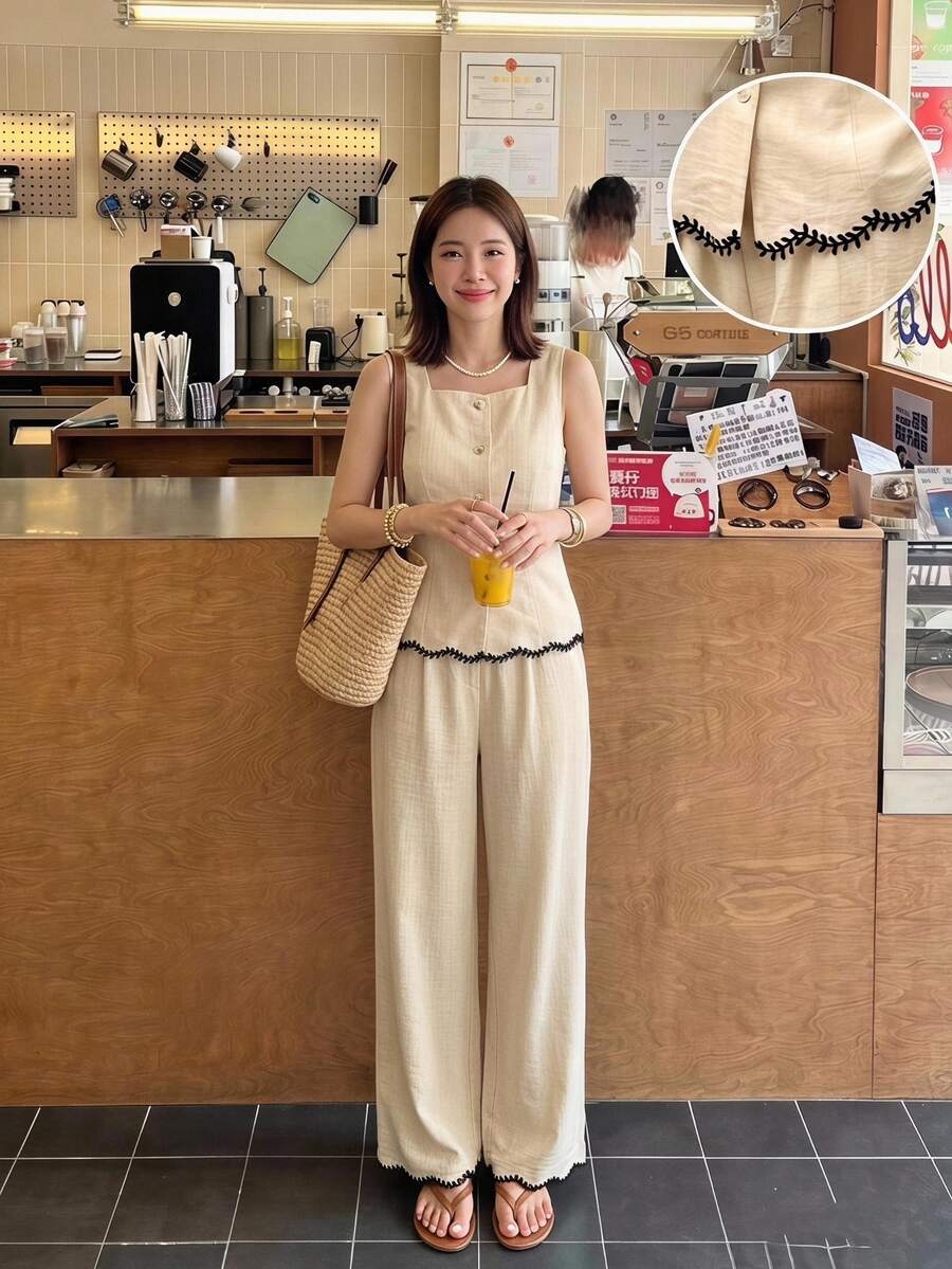 Serisse 女士单排扣弧形下摆背心和裤子两件套