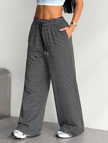 SHEIN Dewbera Women's Drawstring Waist Striped Casual Athletic Modest Versatile Daily Travel Sports Long Pants Gym Black Summer - Multicolor - View 4
