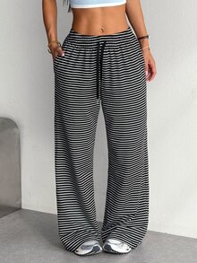 SHEIN Dewbera Women's Drawstring Waist Striped Casual Athletic Modest Versatile Daily Travel Sports Long Pants Gym Black Summer - Multicolor - View 3