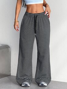 SHEIN Dewbera Women's Drawstring Waist Striped Casual Athletic Modest Versatile Daily Travel Sports Long Pants Gym Black Summer - Multicolor - View 5