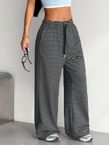 SHEIN Dewbera Women's Drawstring Waist Striped Casual Athletic Modest Versatile Daily Travel Sports Long Pants Gym Black Summer - Multicolor - View 1
