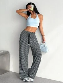 SHEIN Dewbera Women's Drawstring Waist Striped Casual Athletic Modest Versatile Daily Travel Sports Long Pants Gym Black Summer - Multicolor - View 2