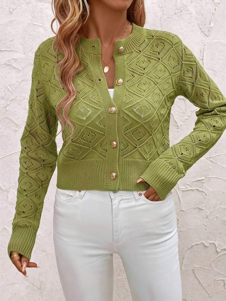 SHEIN Clasi Áo cardigan len dệt kim nữ size lớn màu trơn, tay dài, đính cúc đơn, thiết kế khoét rỗng - màu xanh lá - Xem 13