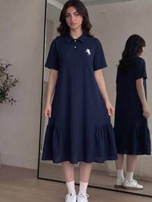 SHEIN Teen Girl Polo Kids Navy Blue Embroidered Pattern Short Sleeve Mid-Length Contrast Color Ruffle Collar Petal Sleeve Printed Button Dress Graduation - Navy Blue - View 2