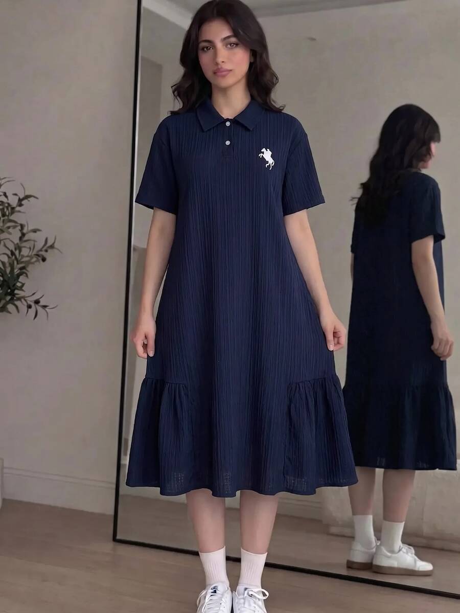 SHEIN Teen Girl Polo Kids Navy Blue Embroidered Pattern Short Sleeve Mid-Length Contrast Color Ruffle Collar Petal Sleeve Printed Button Dress Graduation
